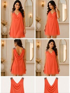 Andrew Charles Coral Orange Cowl Neck Mini Dress with Embellished Straps